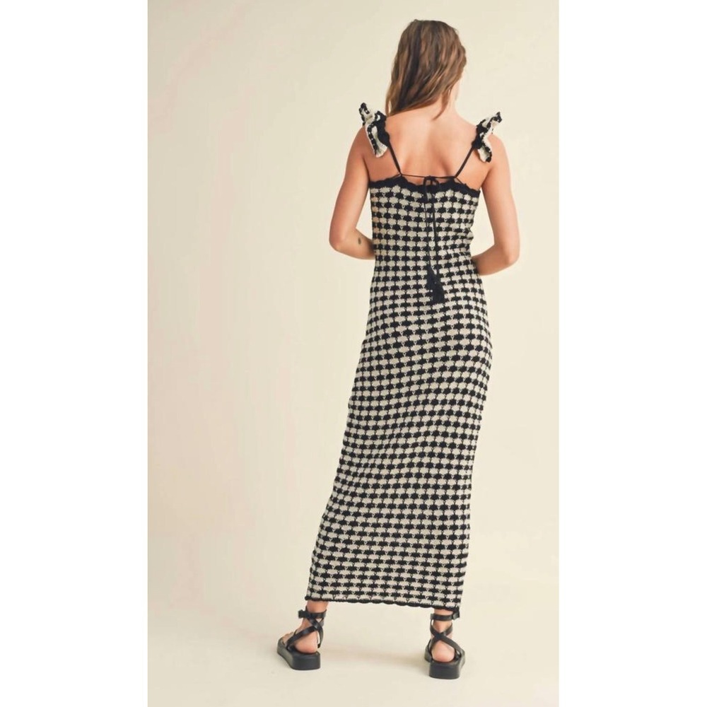 Miou Muse Crochet Knit Maxi Dress Ruffle Straps Retro Black Cream Honeycomb Boho - Picture 11 of 13